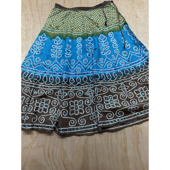 Women’s Boho Cotton Skirt Colorful Side Zip Festival Embellished Drawstring - Picture 1 of 6